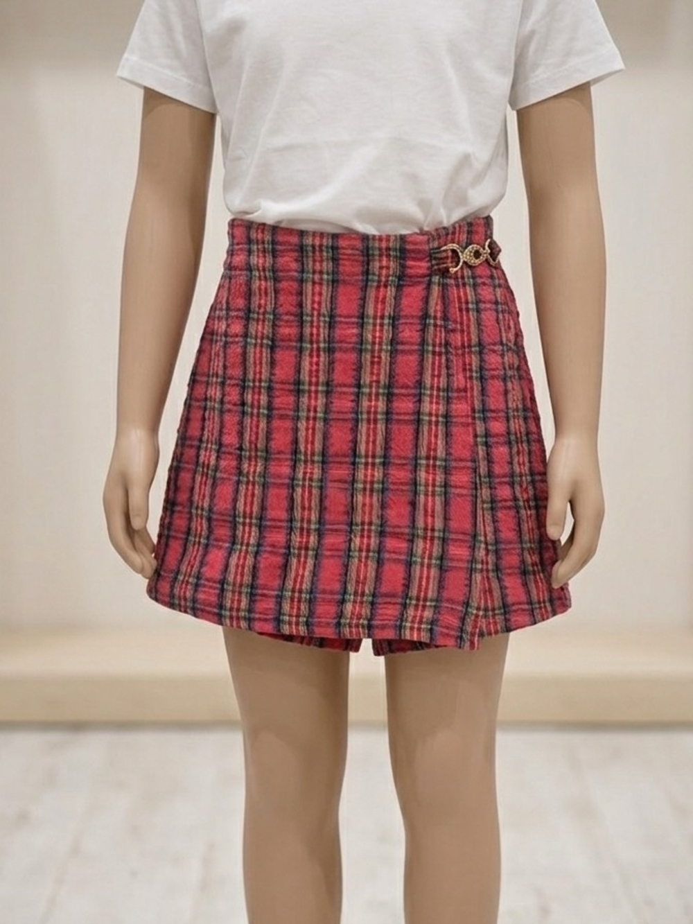 Knitwave Red Plaid Girls' A-Line Skort with Decorative Side Buckle